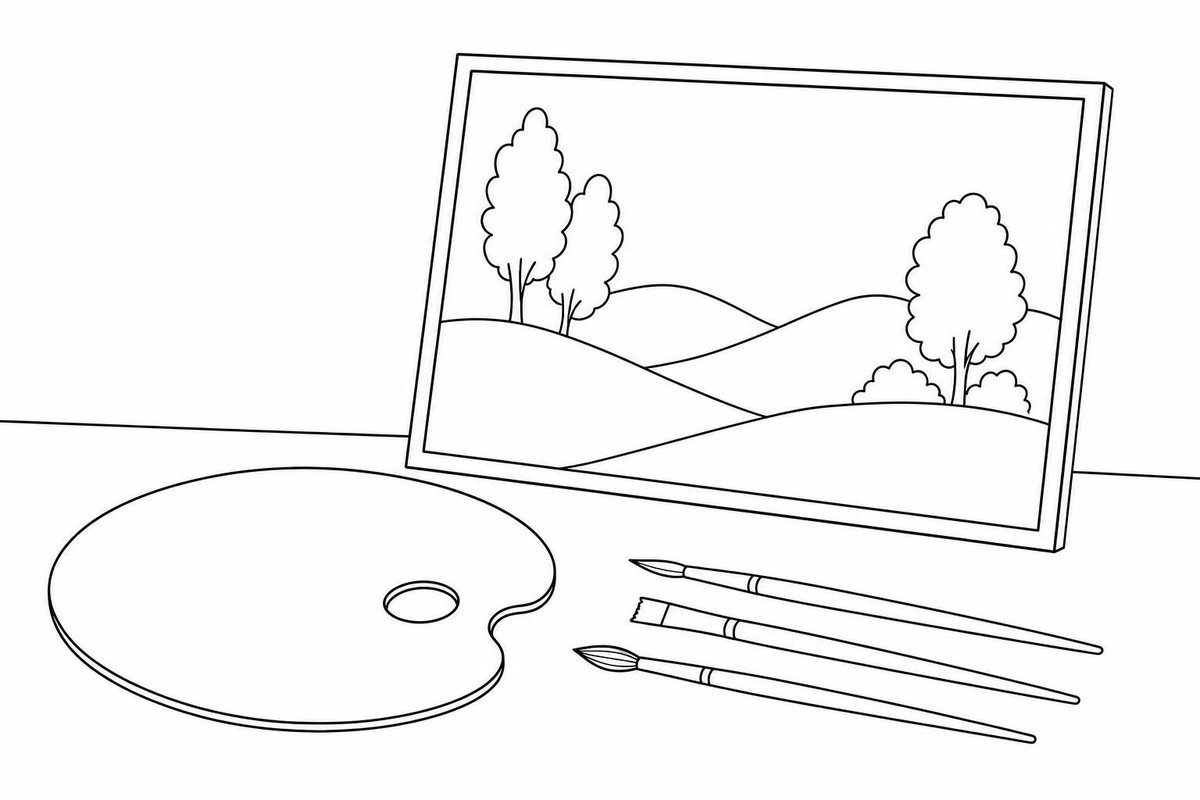 Linienzeichnung: Malerpalette mit Pinseln und eine gerahmte Hügellandschaft