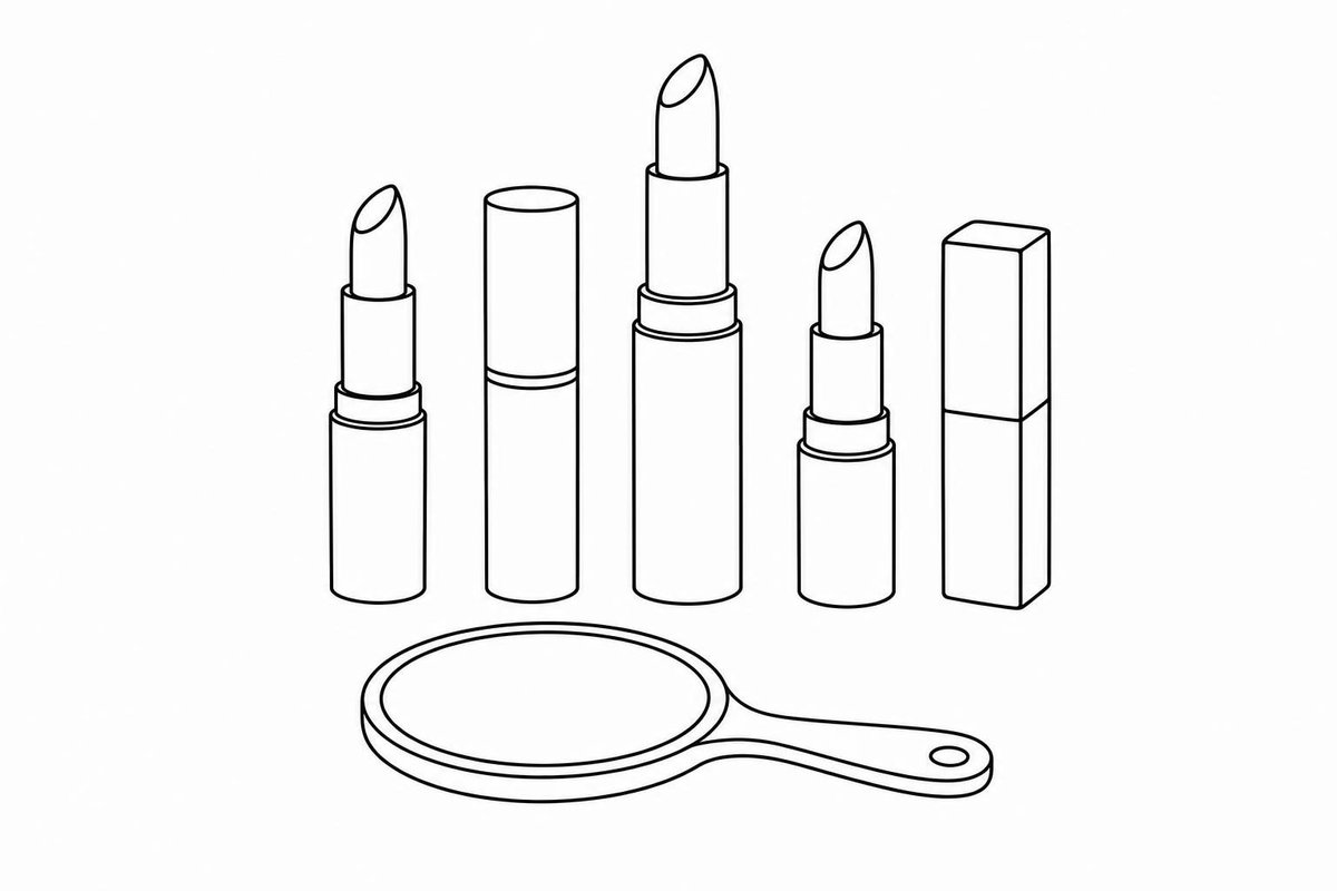 Linienzeichnung: fünf Lippenstifte und ein Handspiegel