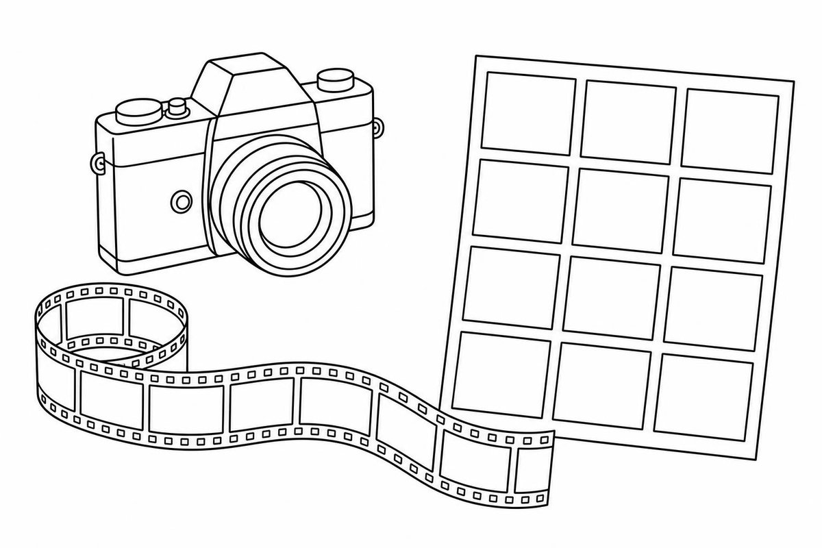 Linienzeichnung: Kamera, Filmstreifen und Kontaktbogen