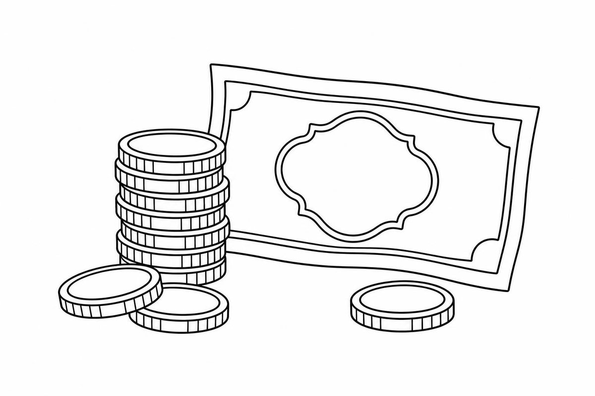 Linienzeichnung: Münzstapel und eine Banknote