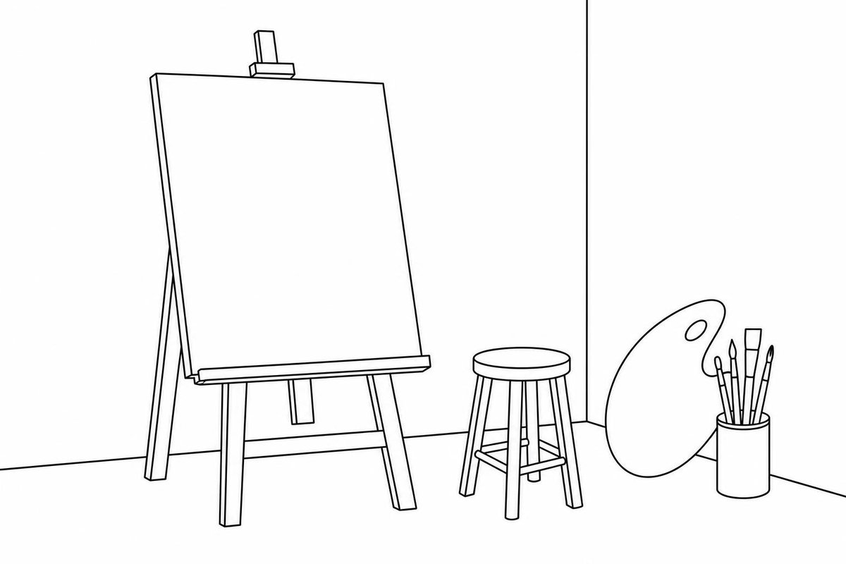Linienzeichnung: Staffelei, Palette und Hocker in einem Atelier