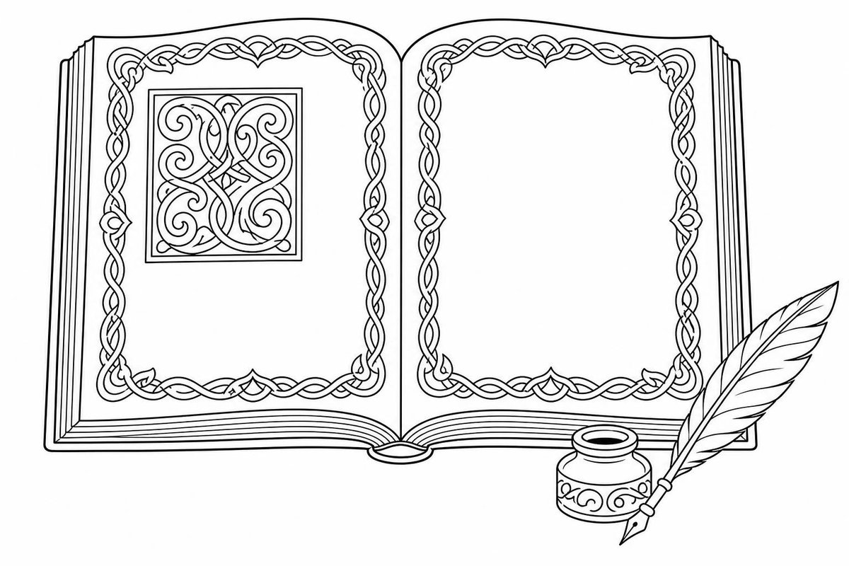 Linienzeichnung: aufgeschlagenes Buch mit Zierleisten, Feder und Tintenfass