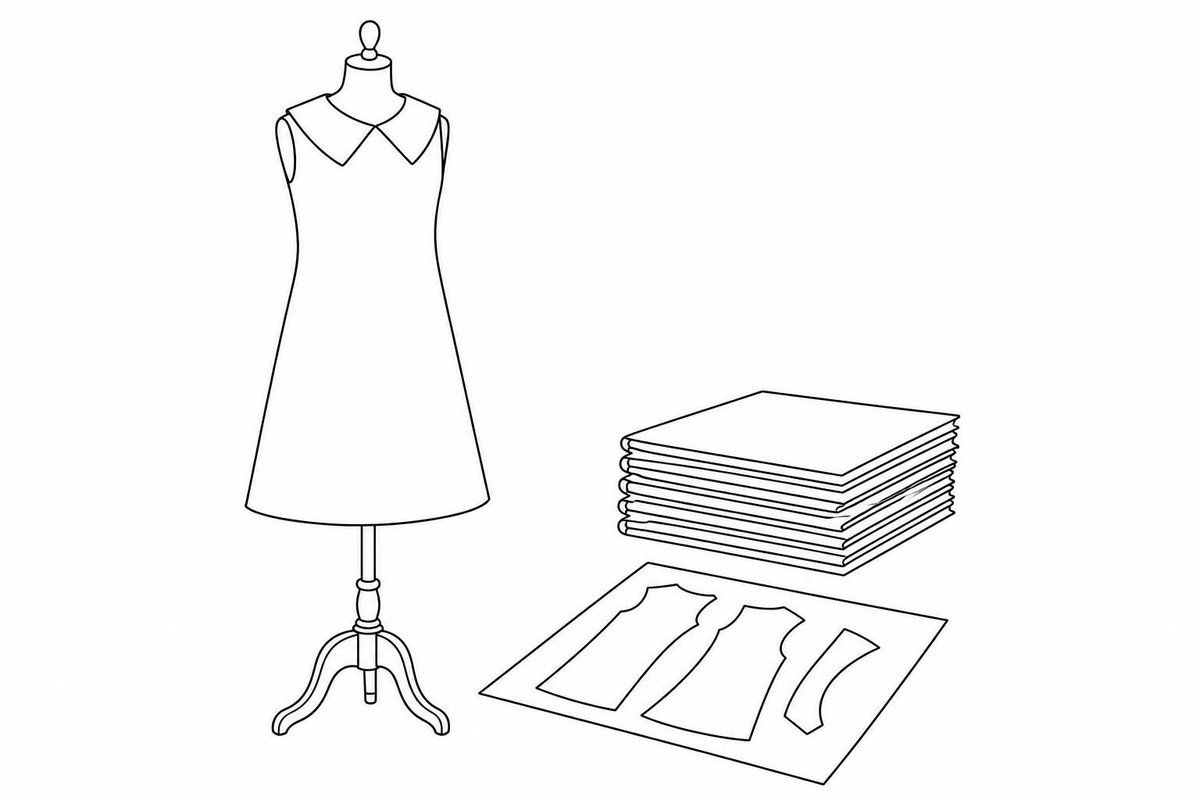 Linienzeichnung: Schneiderpuppe mit Kleid, Zeitschriftenstapel und Schnittmuster