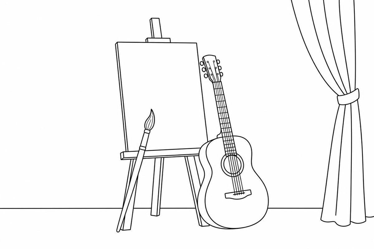 Linienzeichnung: Staffelei, Pinsel, Gitarre und Vorhang