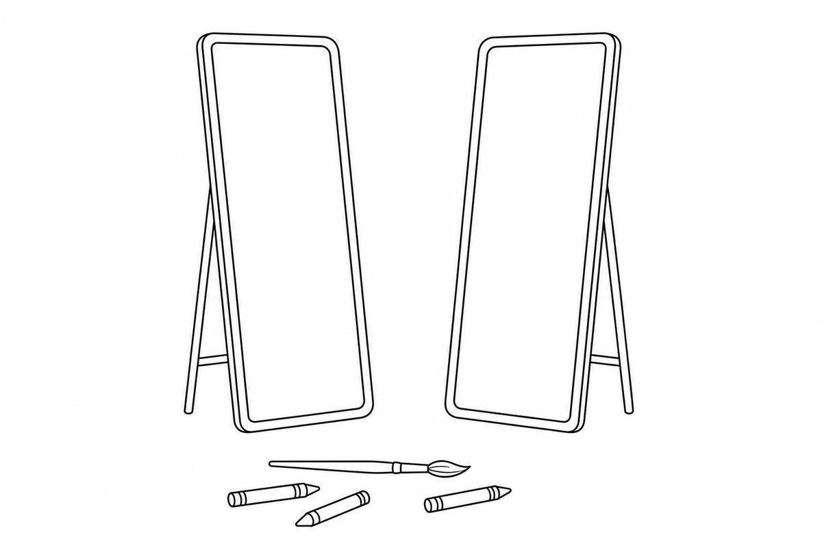 Linienzeichnung: zwei Standspiegel, Buntstifte und ein Pinsel