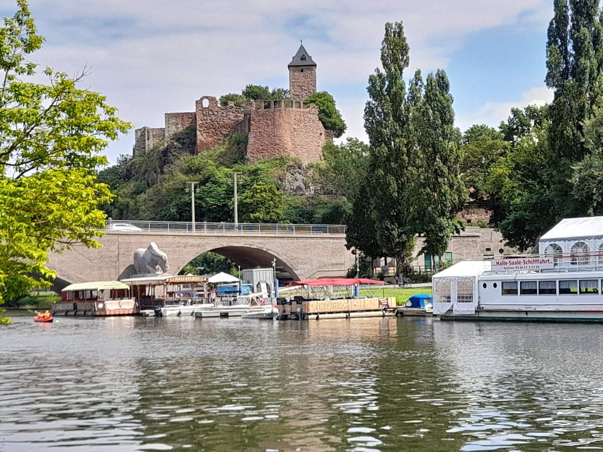 Die Burg Giebichenstein über der Saale: Ruine mit Turm auf dem Felsen, davor die Giebichensteinbrücke und Ausflugsschiffe am Ufer