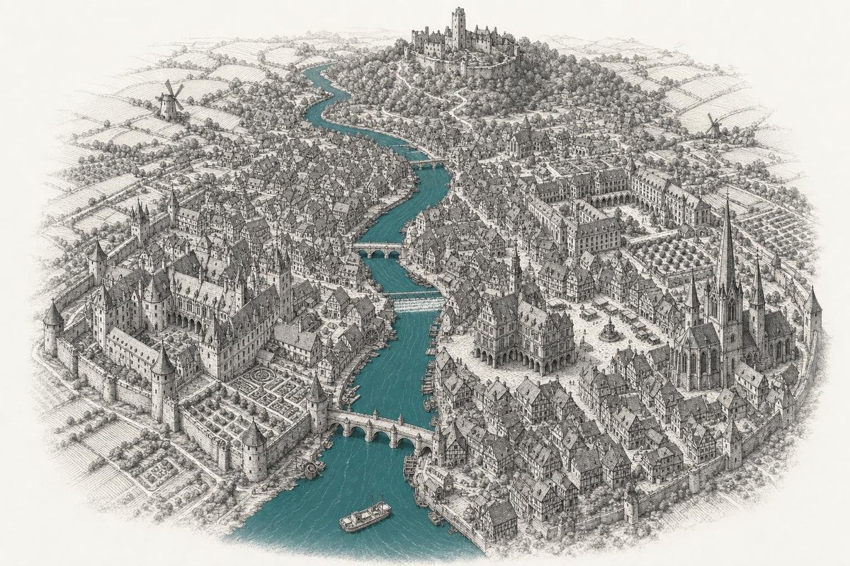 Illustration im Stil einer Kupferstich-Ansicht: ein Fluss, dargestellt als türkisfarbenes Band, windet sich durch eine dicht bebaute Altstadt mit Brücken, Türmen, einem Marktplatz und einer Burgruine auf einem bewaldeten Hügel